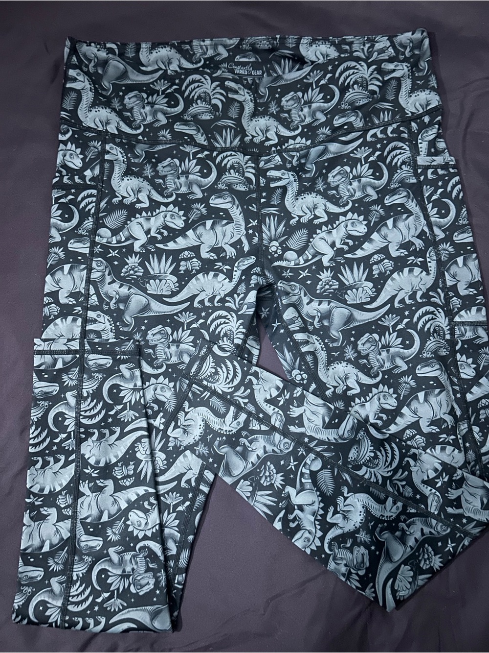 CVG Black and Light Gray Dinosaur Print Leggings. Full length